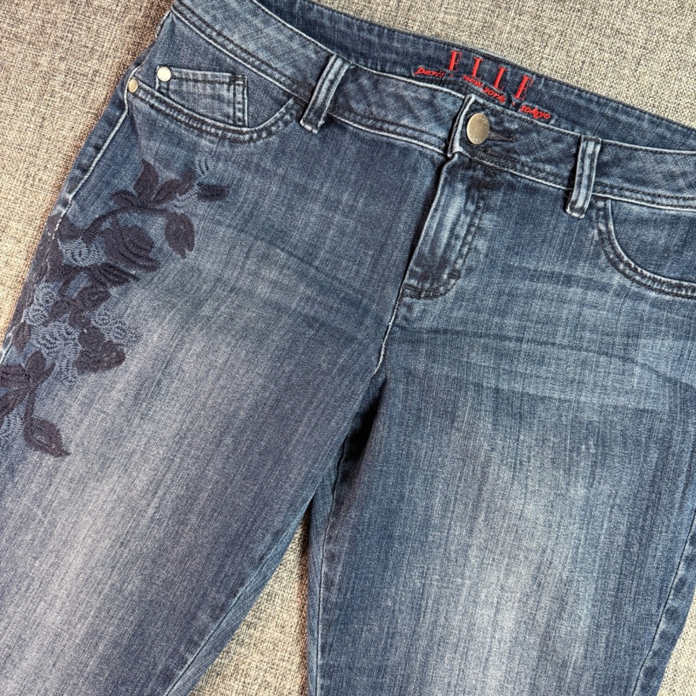Women ELLE Skinny Jeans | Size 14‎ | Blue Floral Embroidered Denim